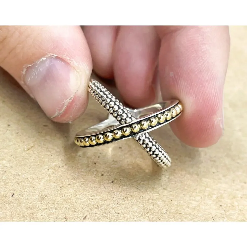 LAGOS KSL Two-Tone X Beaded Ring Sterling Silver & 18K Yellow Gold Size 7